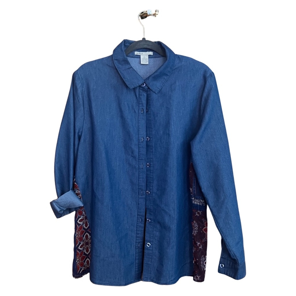 Denim button down with sheer western floral detail